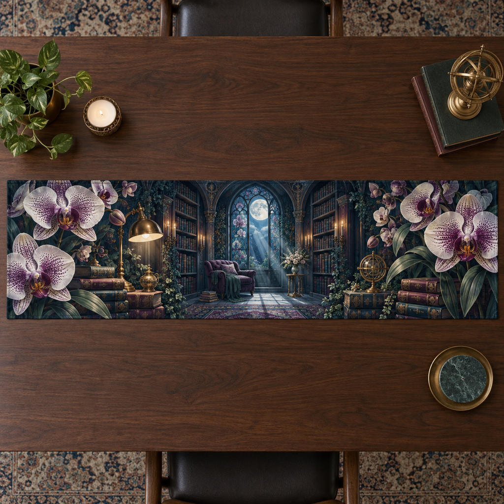 One table runner with an original Orchid Moonlamp Bibliotheca Nook and deep literary moonlight.