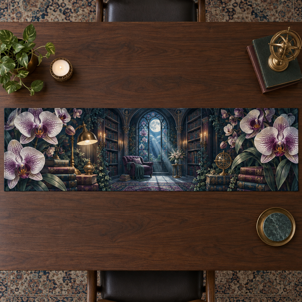 One table runner with an original Orchid Moonlamp Bibliotheca Nook and deep literary moonlight.
