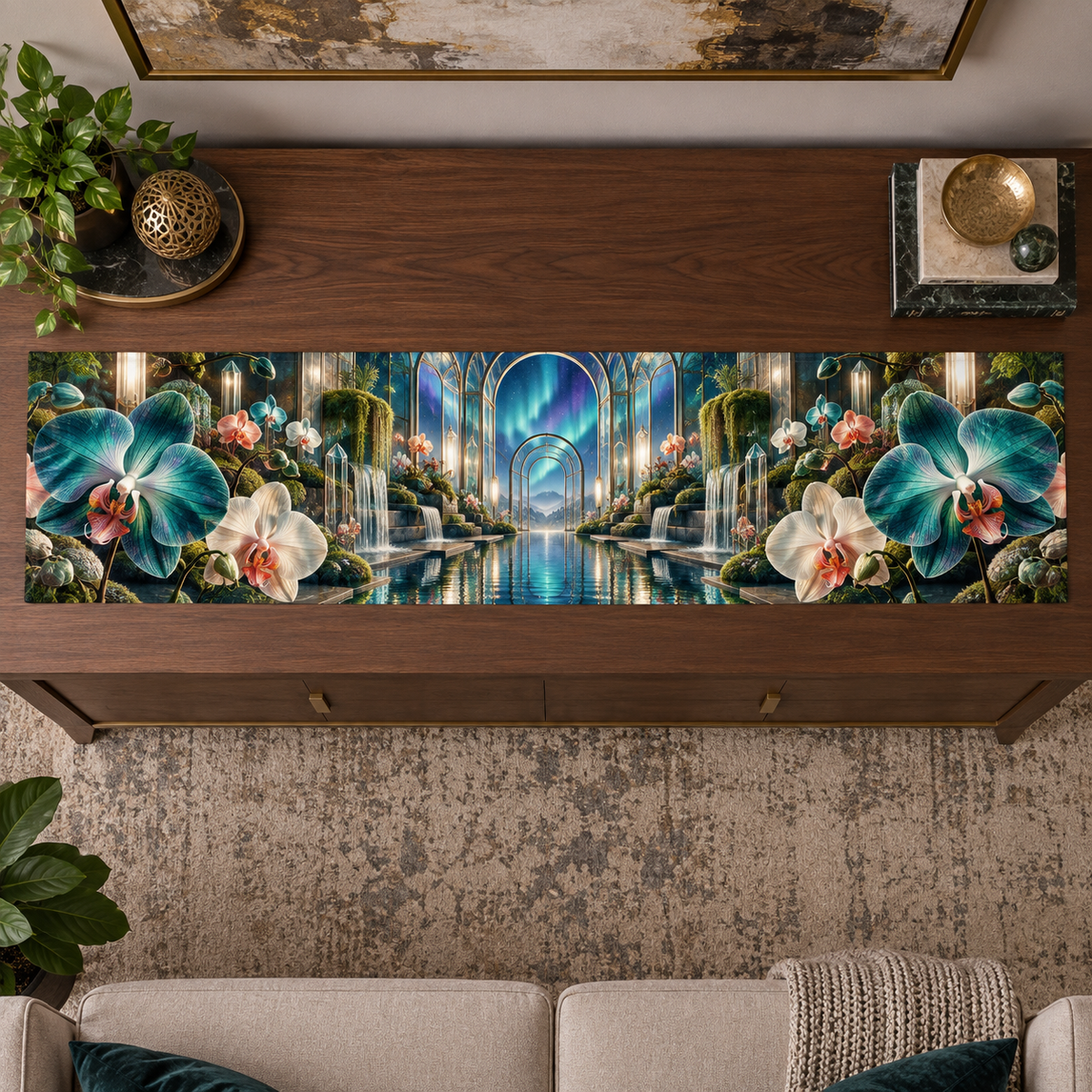 One table runner with an original Orchid Auroraglass Atrium Salon and monumental jewel depth.