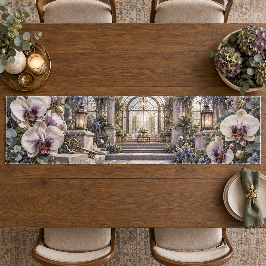 One table runner with an original Orchid Welcomeglass Atrium, layered flowers and luminous new-home depth.