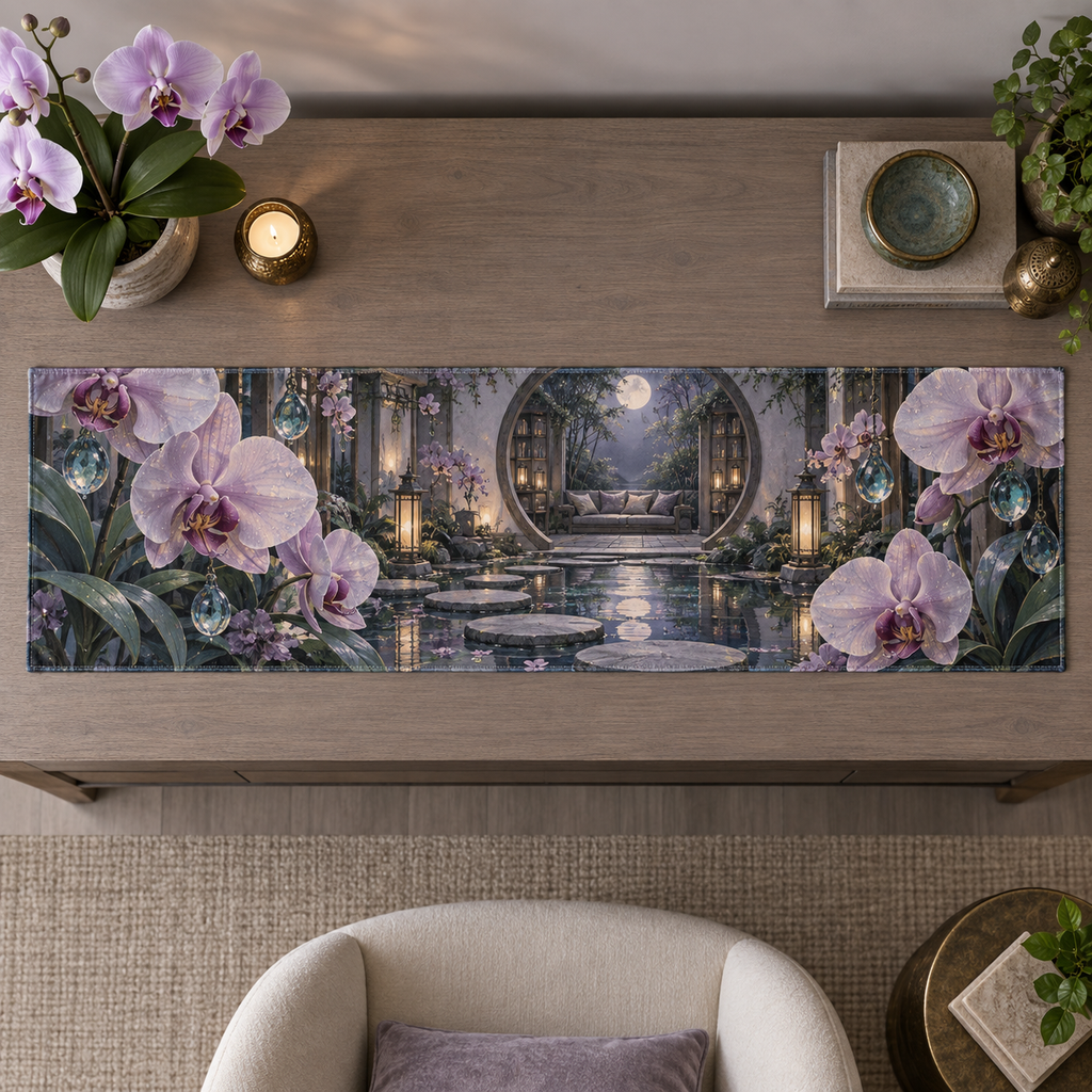 One table runner with an original Orchid Stillwater Moonlit Alcove and serene optical depth.