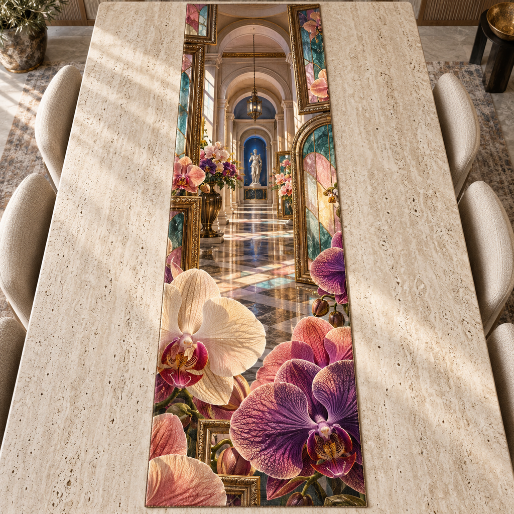 One table runner with an original Orchid Prism Salon Gallery and luminous optical depth.
