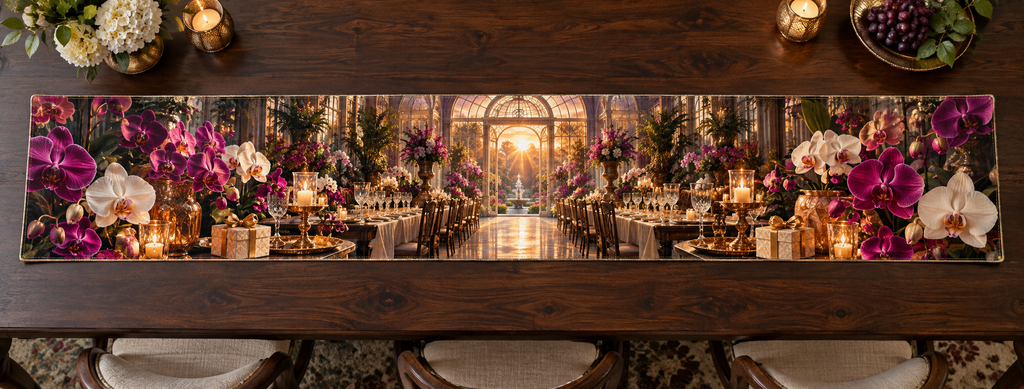 One table runner with an original Orchid Gilded Hospitality Pavilion and deep host-gift illusion.