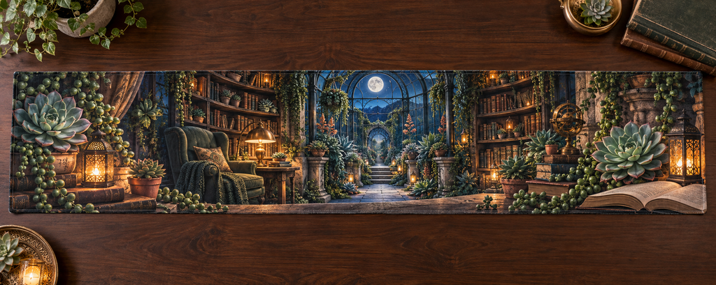 One table runner with an original Succulent Lanternleaf Reading Grotto and deep moonlit illusion.