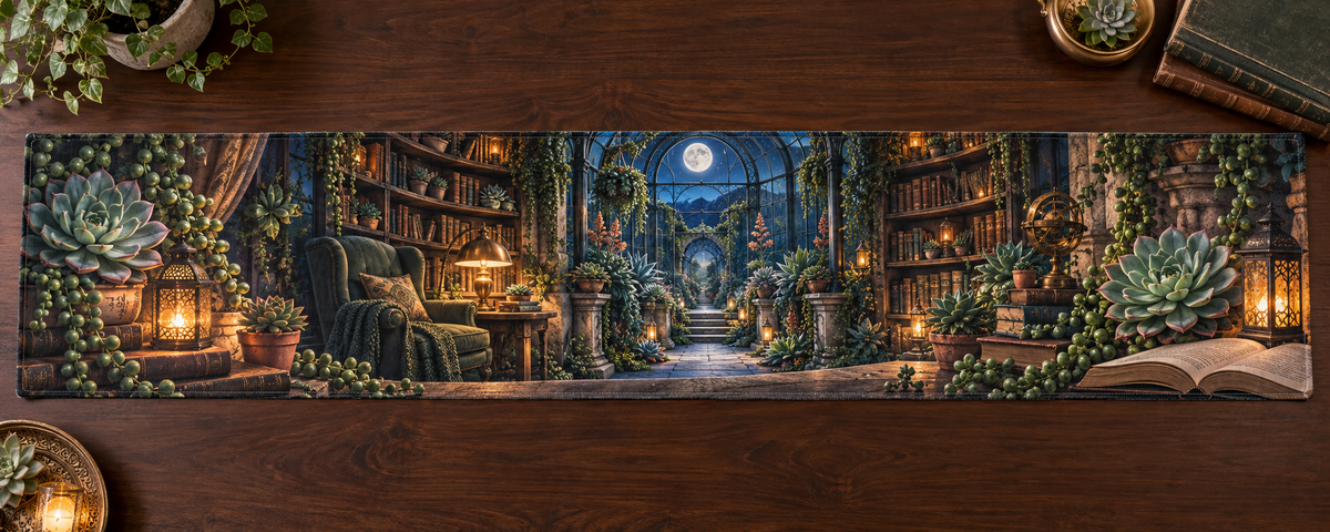 One table runner with an original Succulent Lanternleaf Reading Grotto and deep moonlit illusion.