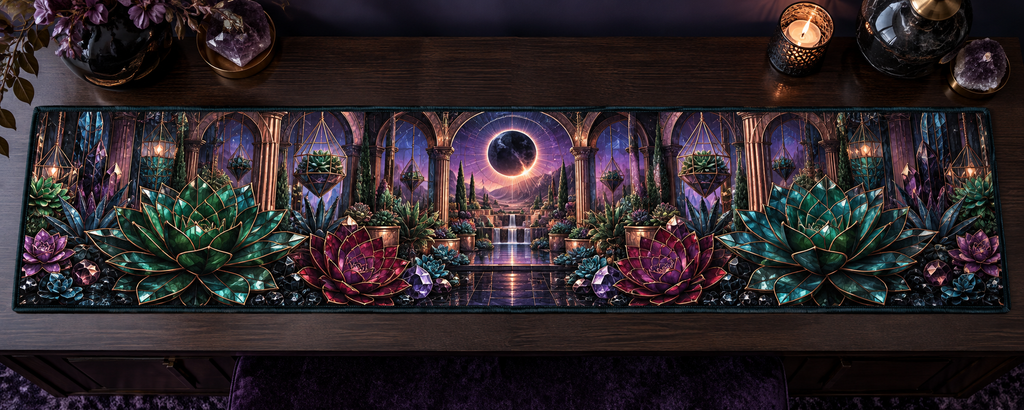 One table runner with an original Succulent Prism Eclipse Boudoir and deep jewel illusion.