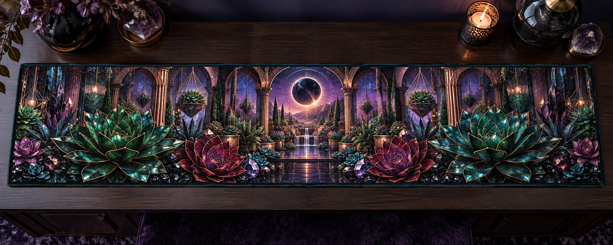 One table runner with an original Succulent Prism Eclipse Boudoir and deep jewel illusion.