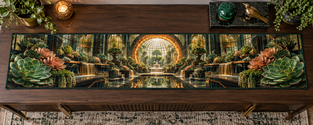 One table runner with an original Succulent Sunvault Grand Salon and deep biophilic illusion.