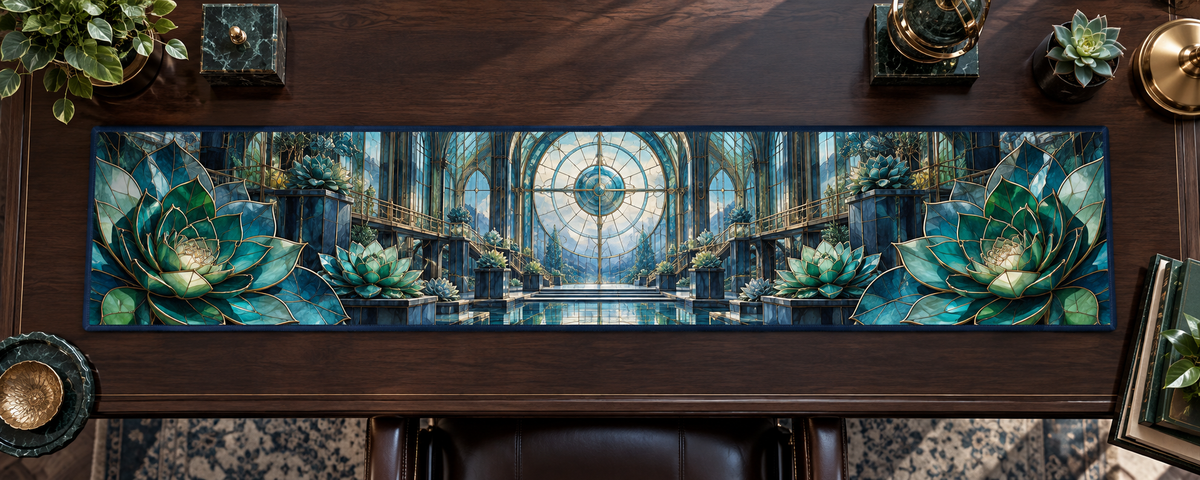 One table runner with an original Succulent Meridian Glasswork Study and deep biophilic illusion.