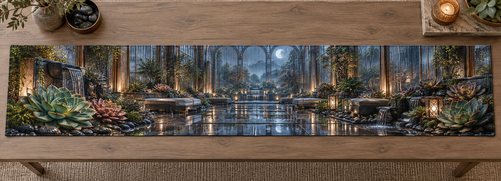 One table runner with an original Succulent Hushglass Raincourt and deep biophilic illusion.