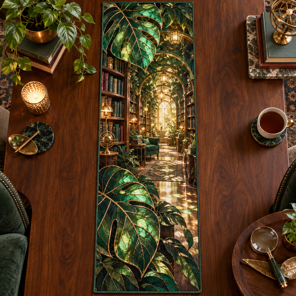 One table runner with an original Monstera Lumenleaf Library Grotto and deep botanical-library illusion.