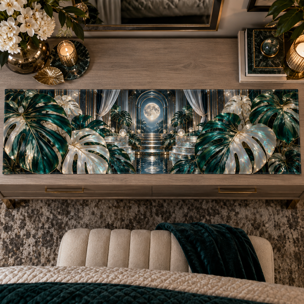One table runner with an original Monstera Moonvault Opal Canopy and maximum optical depth.