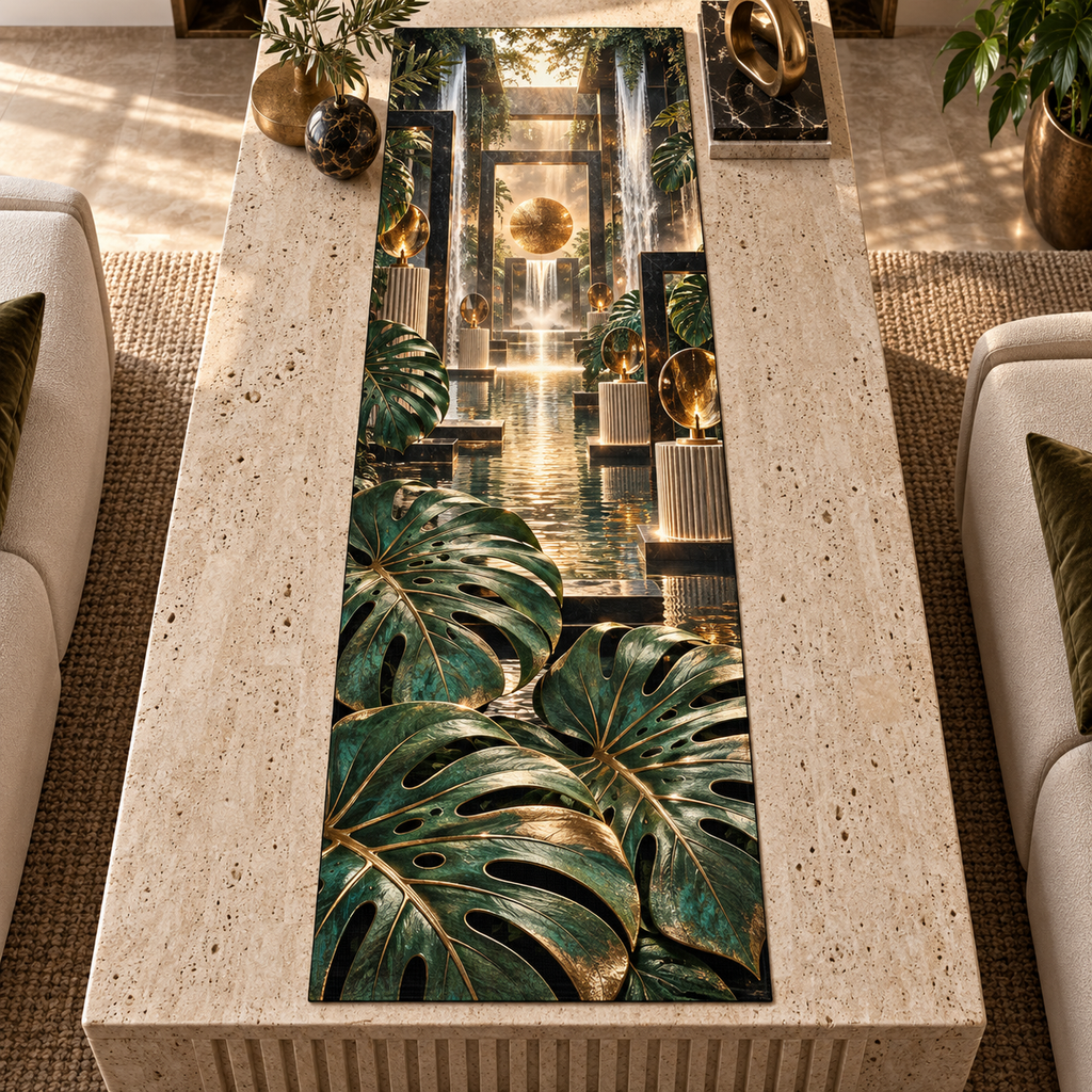One table runner with an original Monstera Titanleaf Waterwall Salon and maximum optical depth.