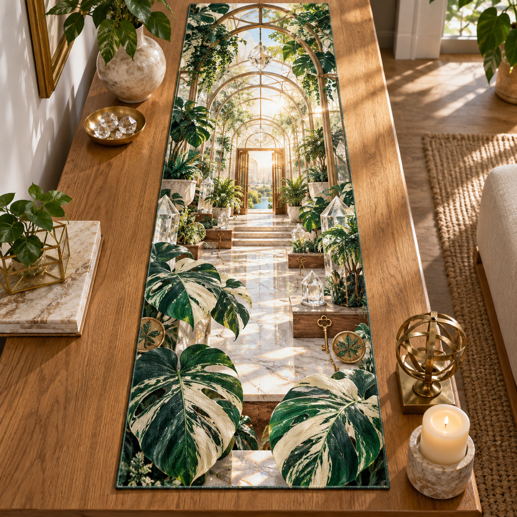 One table runner with an original Monstera Newroot Crystal Courtyard and deep new-home conservatory illusion.