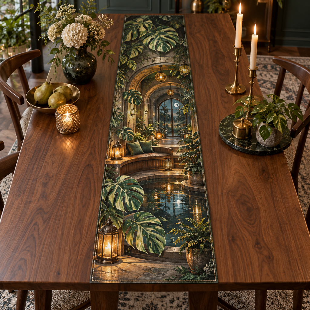 One table runner with an original Monstera Stillwater Lantern Alcove and deep moonlit quiet-corner illusion.