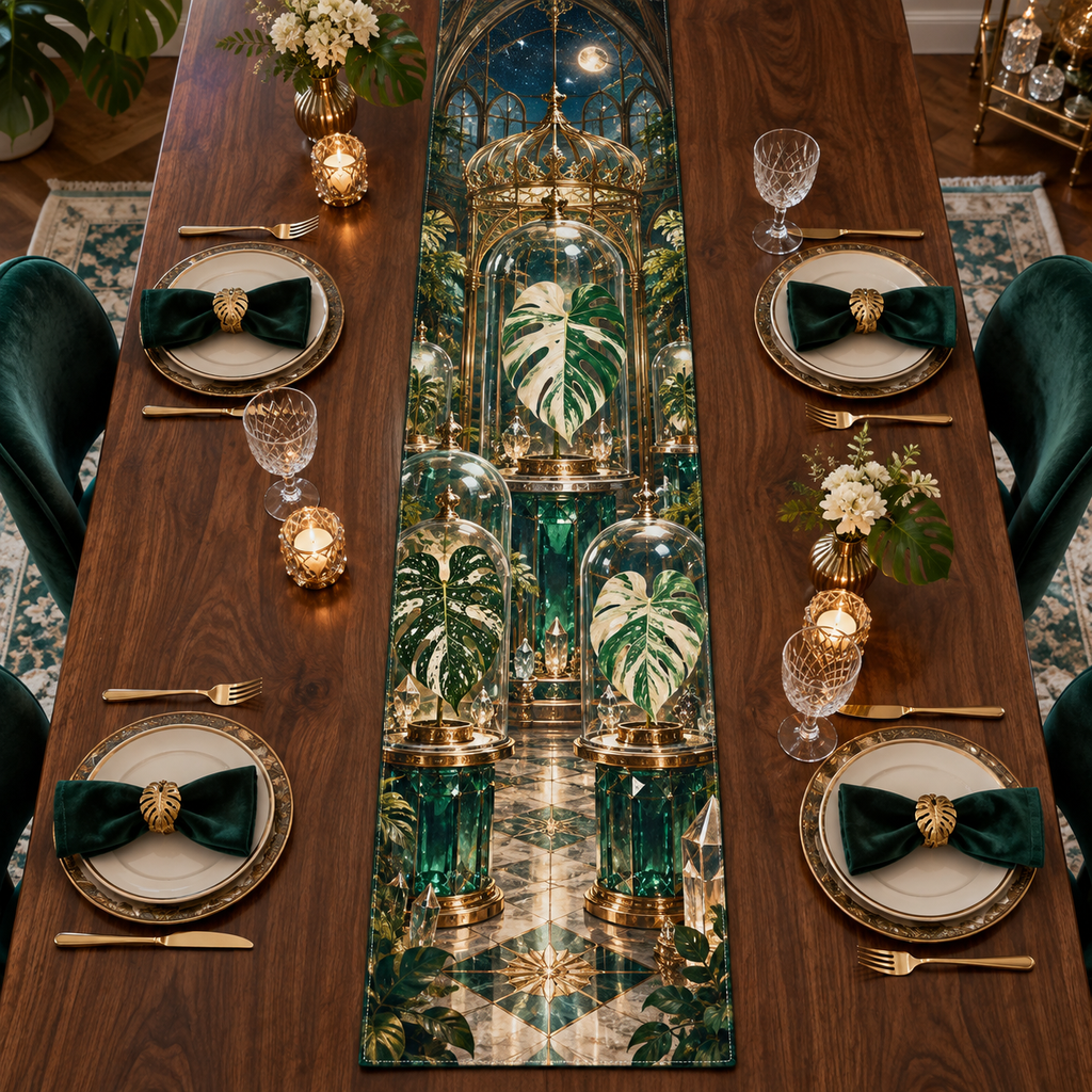 One table runner with an original Monstera Crownvault Specimen Gallery and deep rare-plant collector illusion.