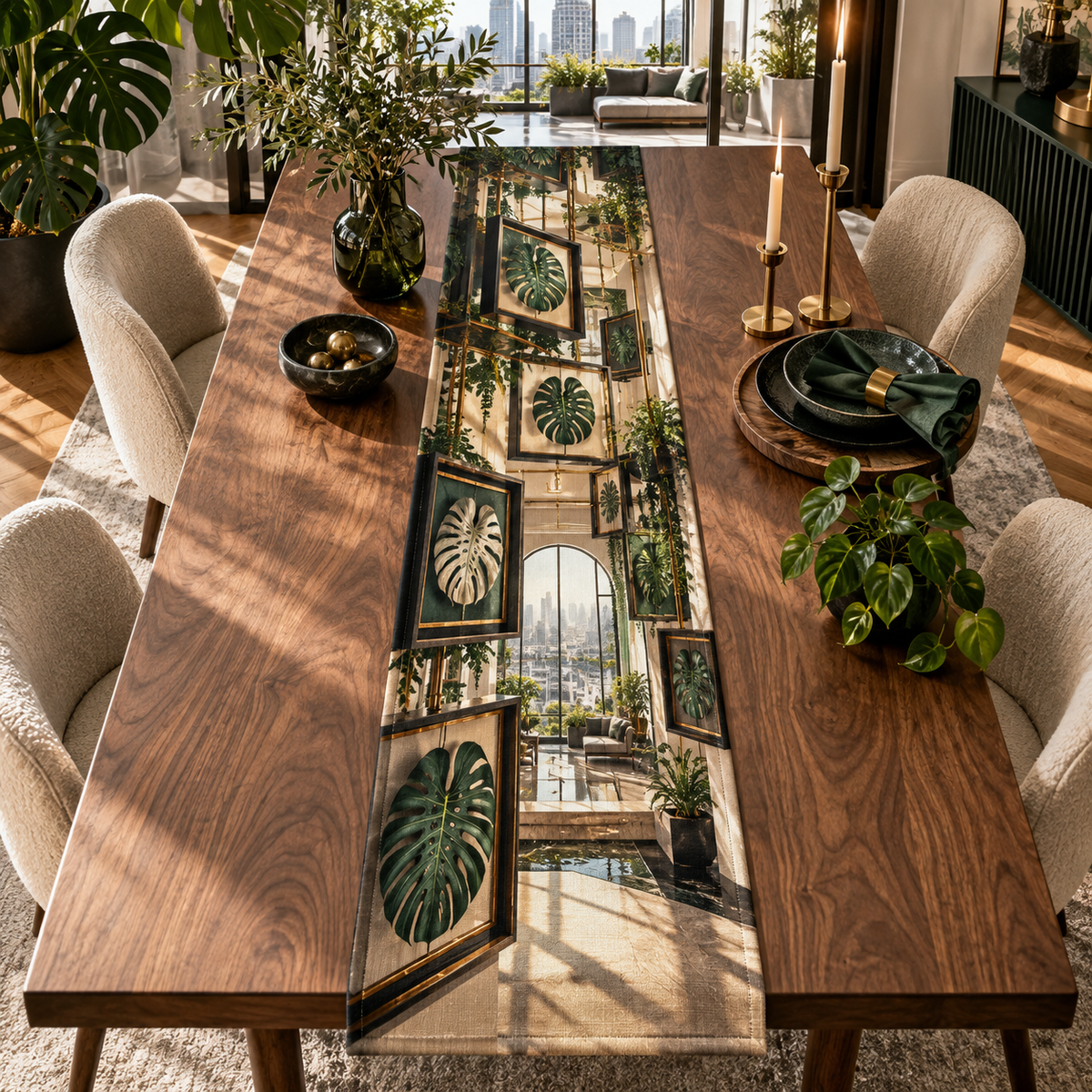One table runner with an original Monstera Loftline Shadowbox Atrium and deep apartment gallery-wall illusion.