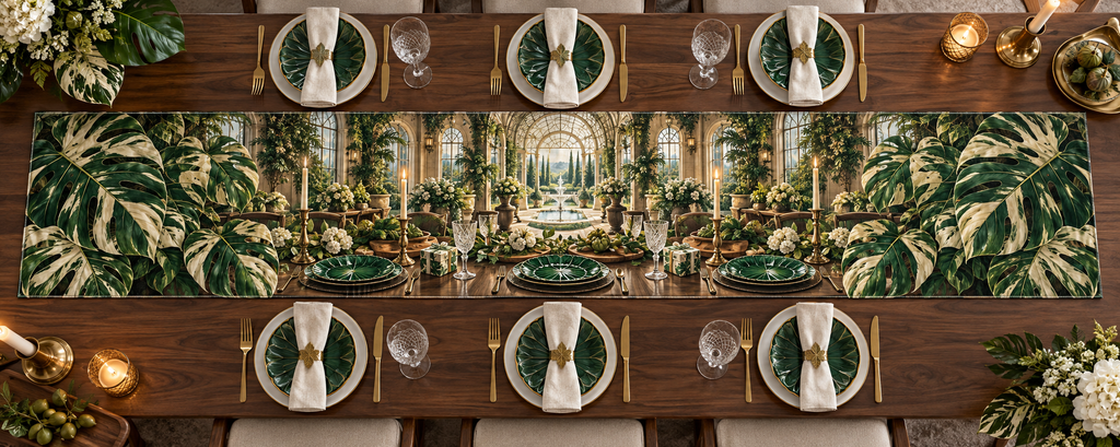 One table runner with an original Monstera Everwelcome Supper Atrium and deep host-gift illusion.
