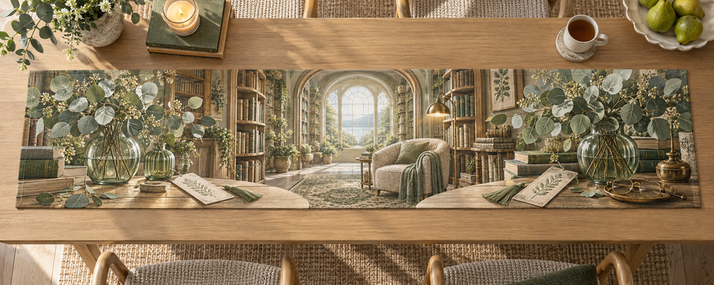 One table runner with an original Eucalyptus Silverleaf Story Alcove and deep reading-nook illusion.