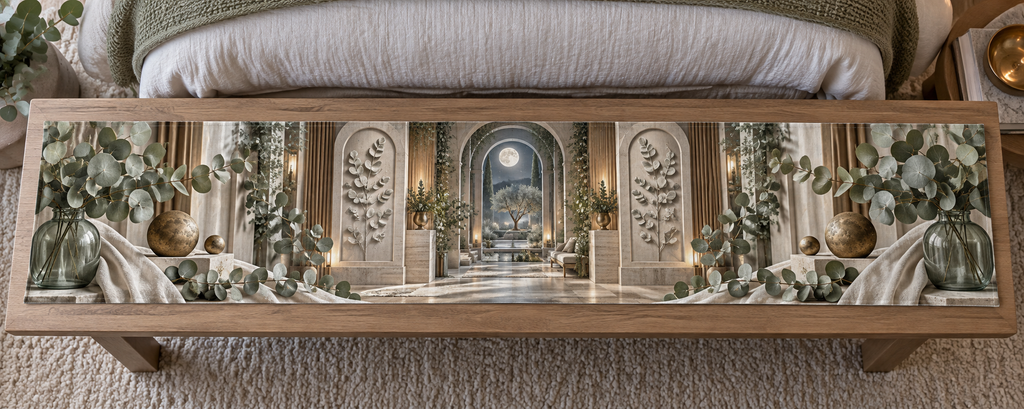 One table runner with an original Eucalyptus Moonveil Relief Sanctuary and deep bedroom illusion.