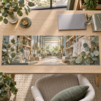 One table runner with an original Eucalyptus Daybreak Gridwork Studio and deep home-office illusion.