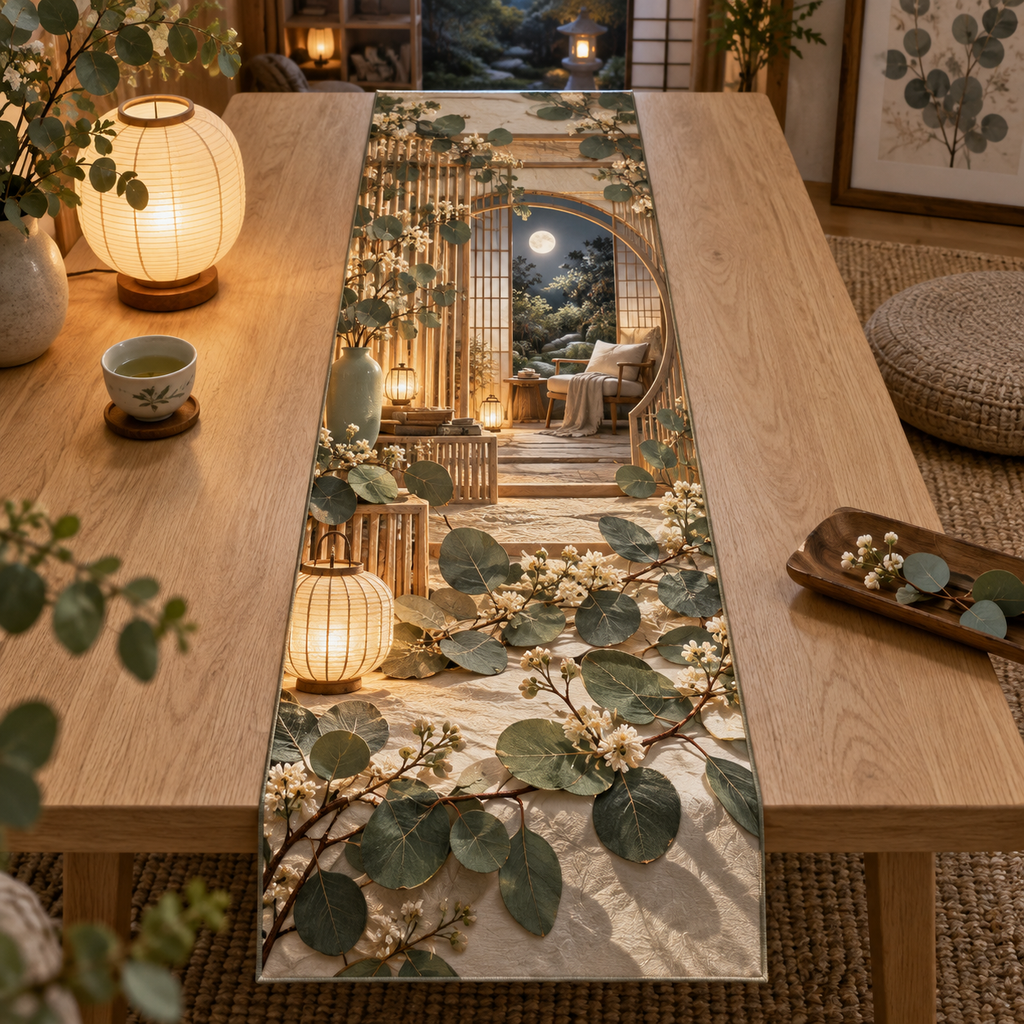 One table runner with an original Eucalyptus Hushlight Paper Pavilion and deep quiet-corner illusion.