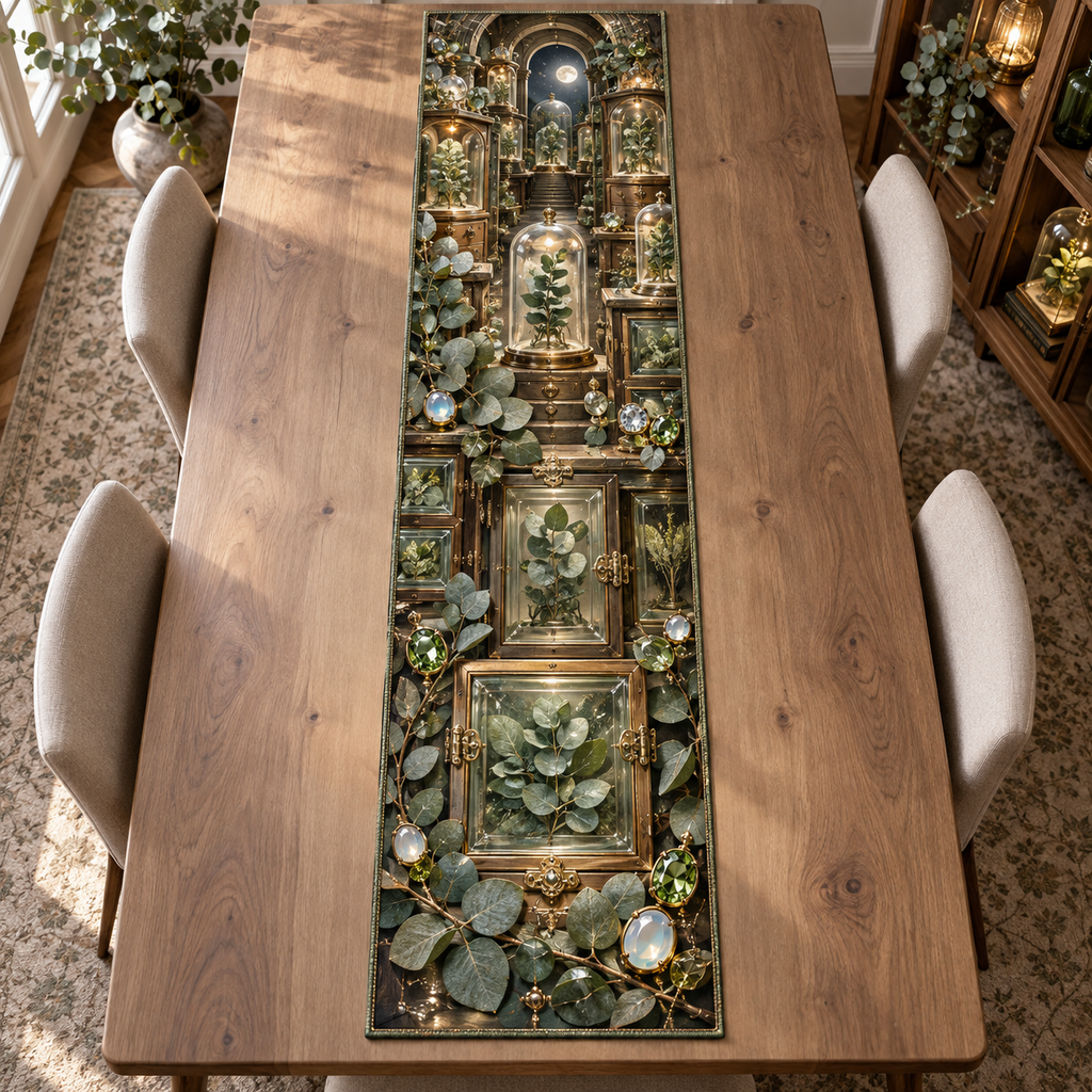 One table runner with an original Eucalyptus Gemvault Specimen Cabinet and deep collector-gallery illusion.