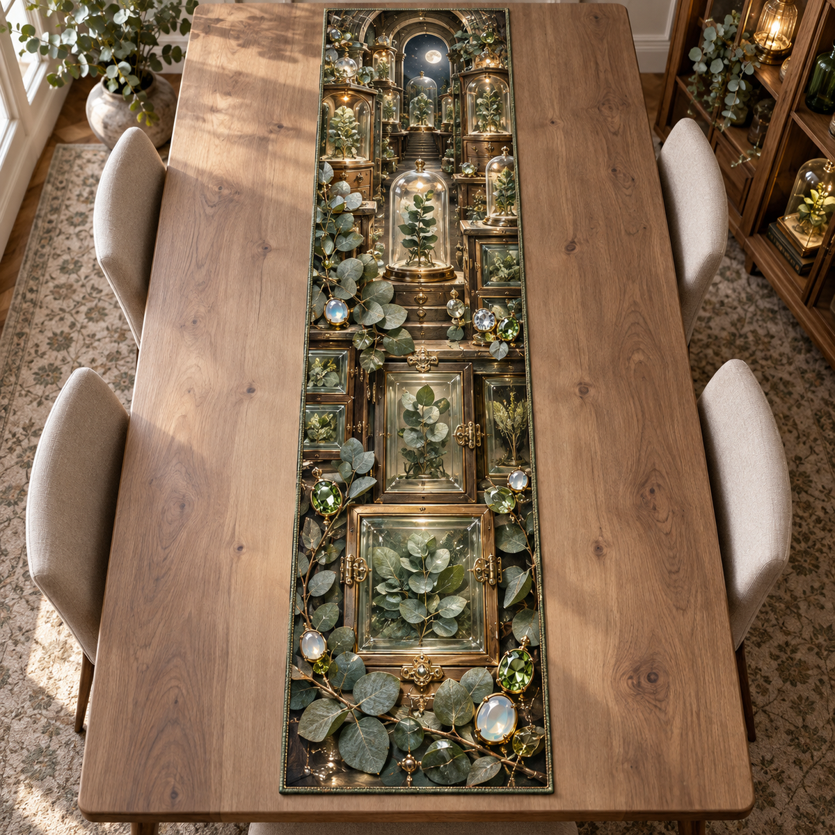 One table runner with an original Eucalyptus Gemvault Specimen Cabinet and deep collector-gallery illusion.