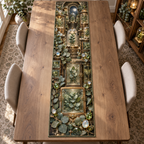 One table runner with an original Eucalyptus Gemvault Specimen Cabinet and deep collector-gallery illusion.