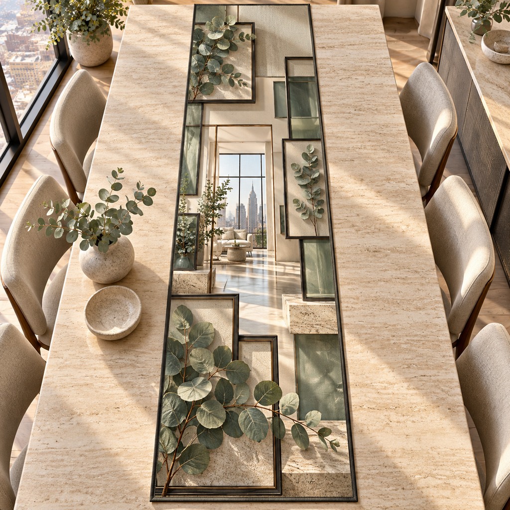 One table runner with an original Eucalyptus Prismframe Loft Salon and deep apartment-gallery illusion.