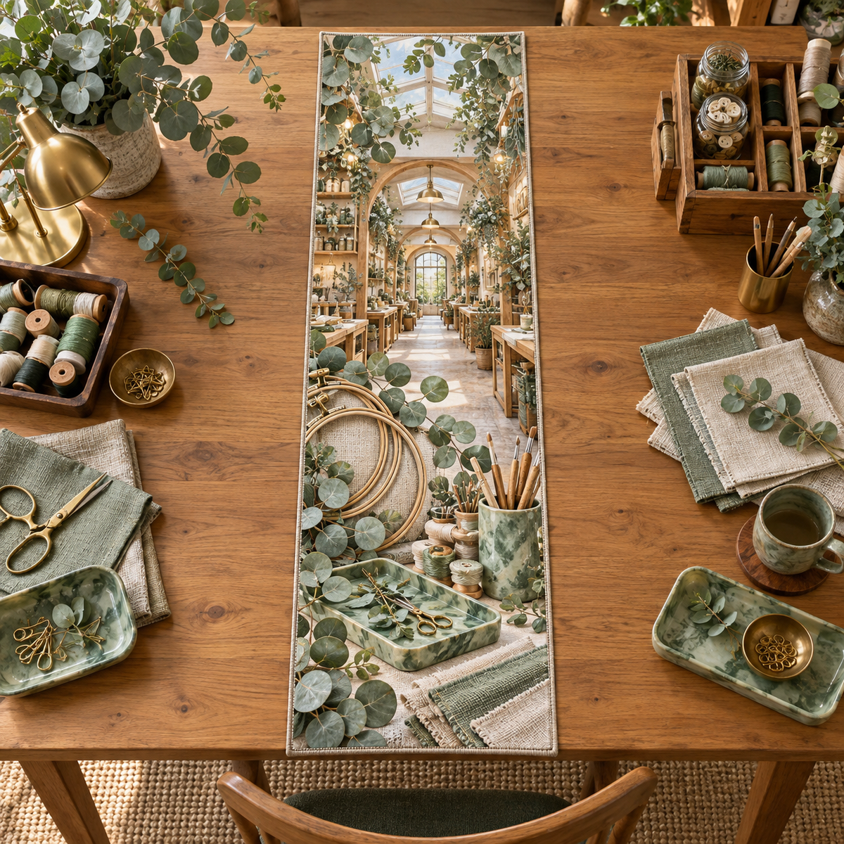 One table runner with an original Eucalyptus Makerloom Lightwell and deep hobby-studio illusion.