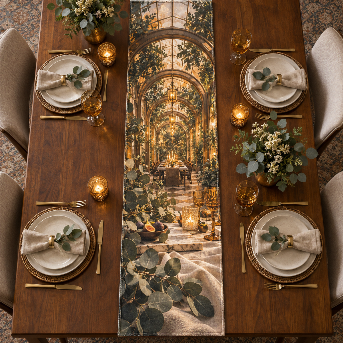 One table runner with an original Eucalyptus Hearthtoast Glasshouse and deep host-gratitude illusion.