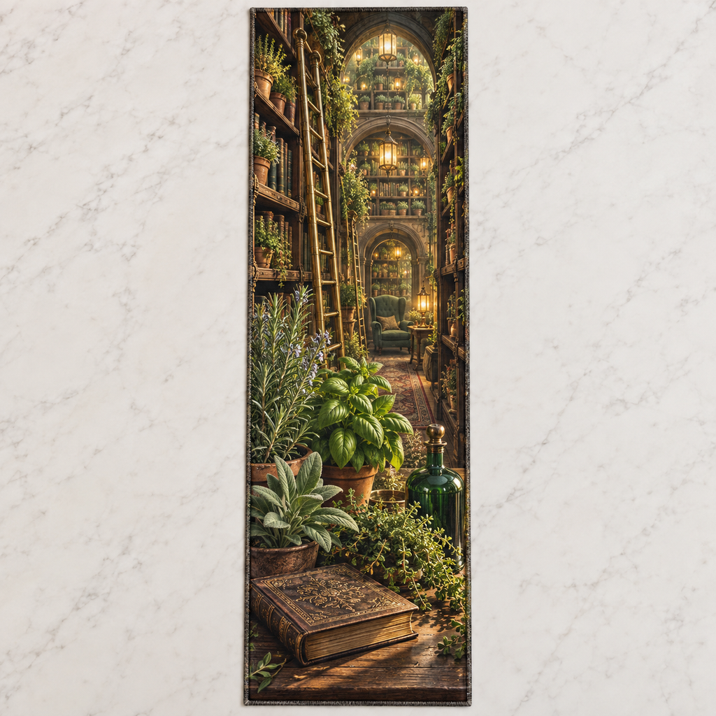 One table runner with an original Herb Garden Lanternleaf Library and deep reading-nook illusion.