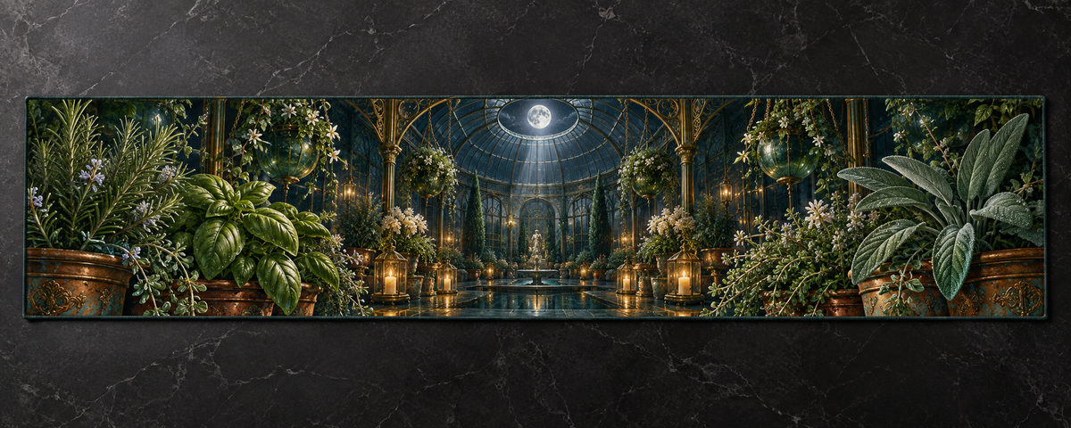 One table runner with an original Herb Garden Nocturne Canopy and deep moonlit conservatory illusion.