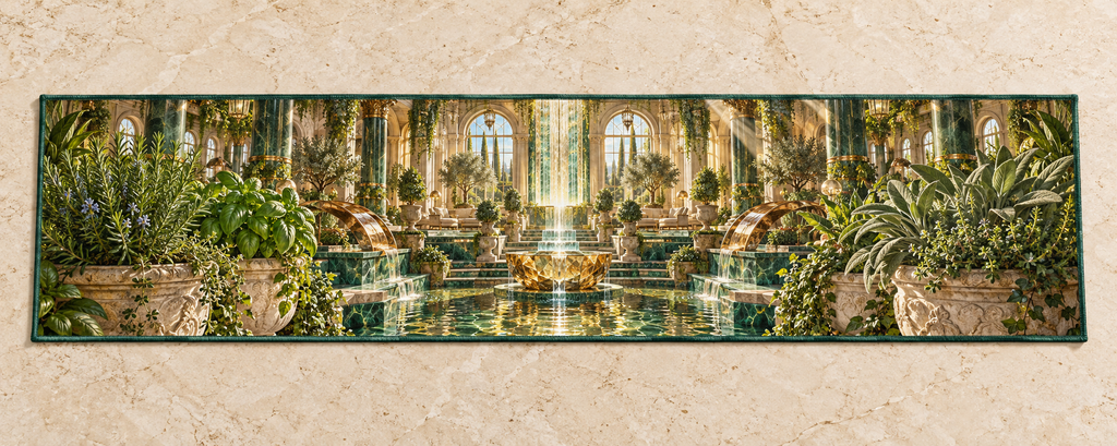 One table runner with an original Herb Garden Sunwell Cascade Salon and deep sunlit atrium illusion.