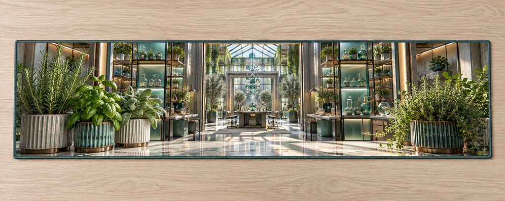 One table runner with an original Herb Garden Vertex Glasswork Studio and deep professional botanical-studio illusion.