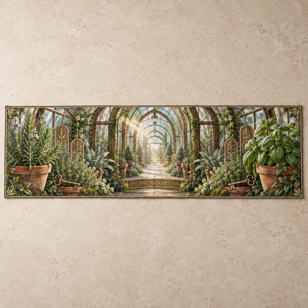 One personalized table runner with THE PARKERS integrated into an original Herb Garden Hearthkey Conservatory and maximum-depth printed illusion.