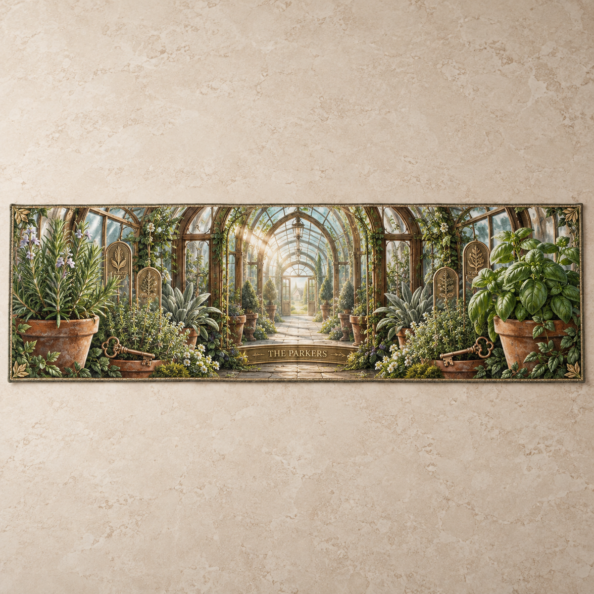 One personalized table runner with THE PARKERS integrated into an original Herb Garden Hearthkey Conservatory and maximum-depth printed illusion.