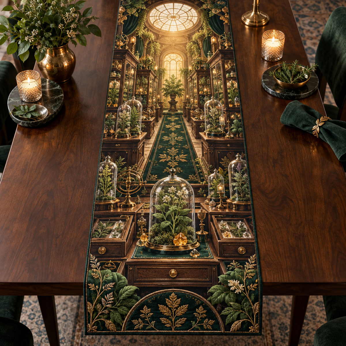 One table runner with an original Herb Garden Aureate Herbarium Vault and maximum-depth printed illusion.