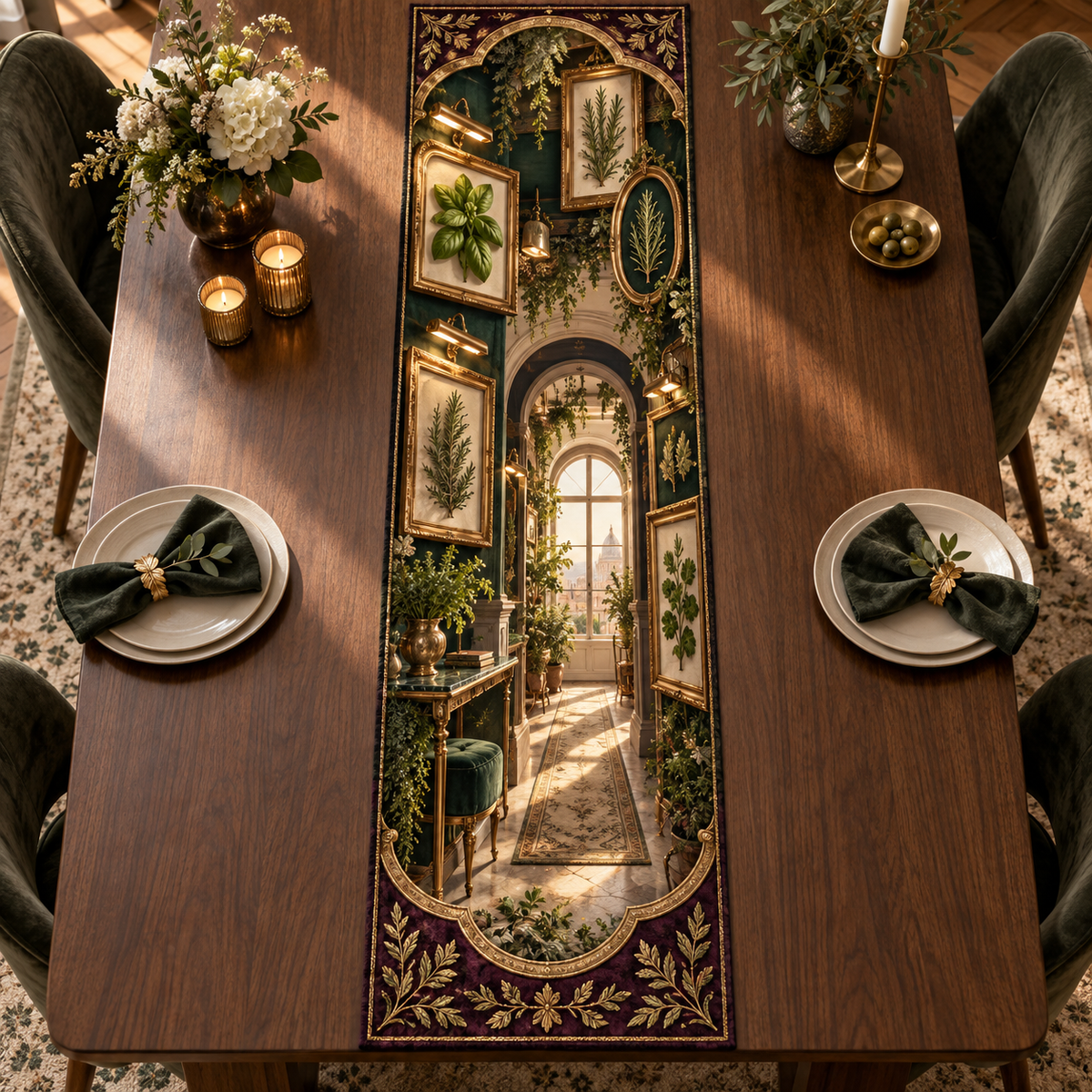 One table runner with an original Herb Garden Prism-Frame Salon and maximum-depth printed illusion.