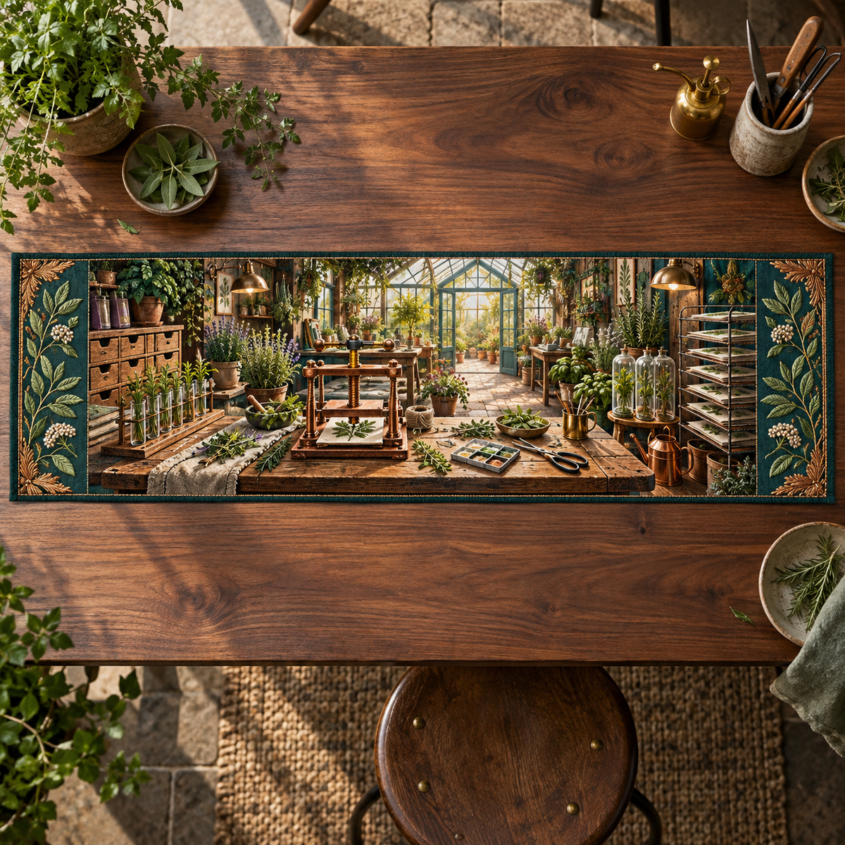 One table runner with an original Herb Garden Copperpress Maker Atelier and maximum-depth printed illusion.