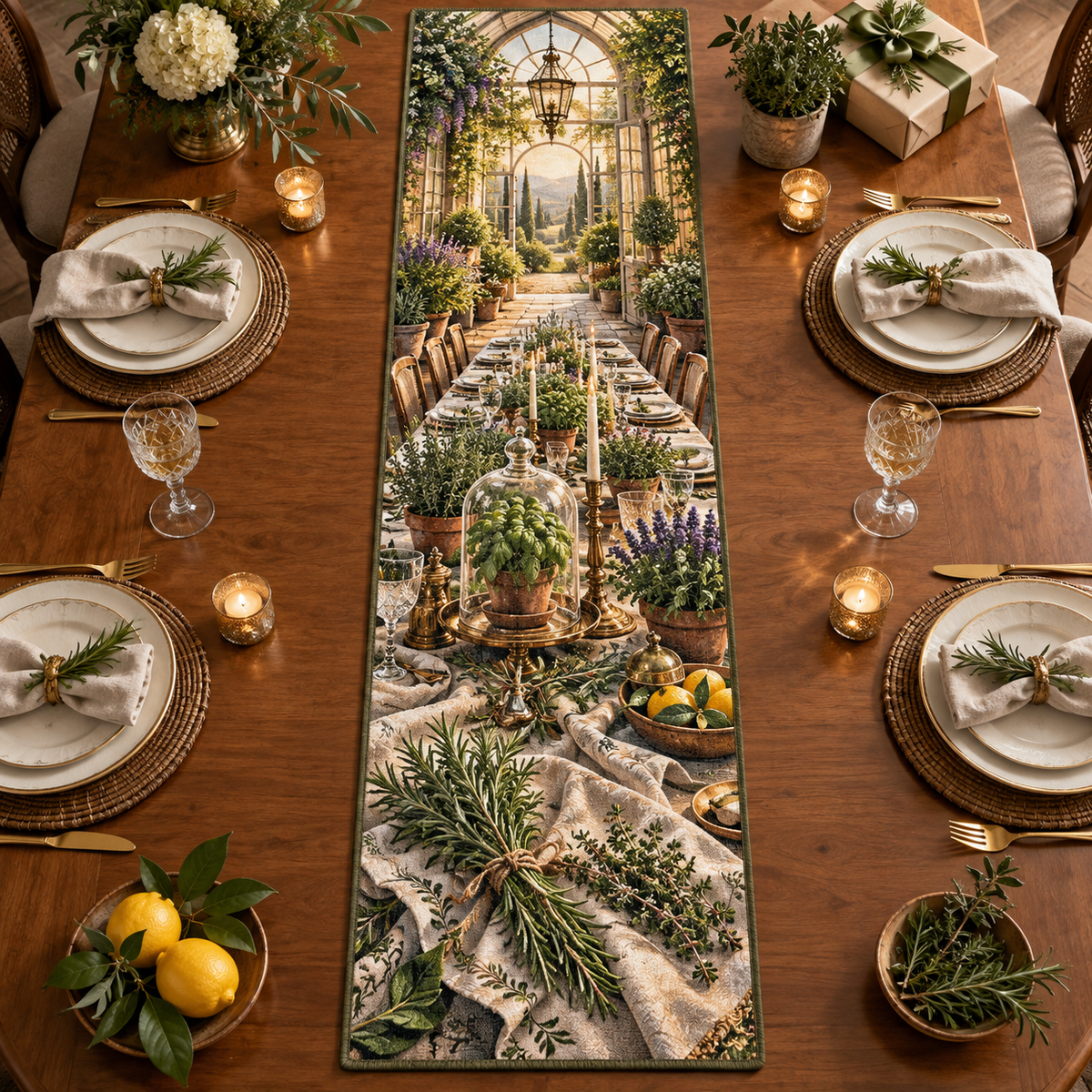 One table runner with an original Herb Garden Gilded Supper Conservatory and maximum-depth printed illusion.