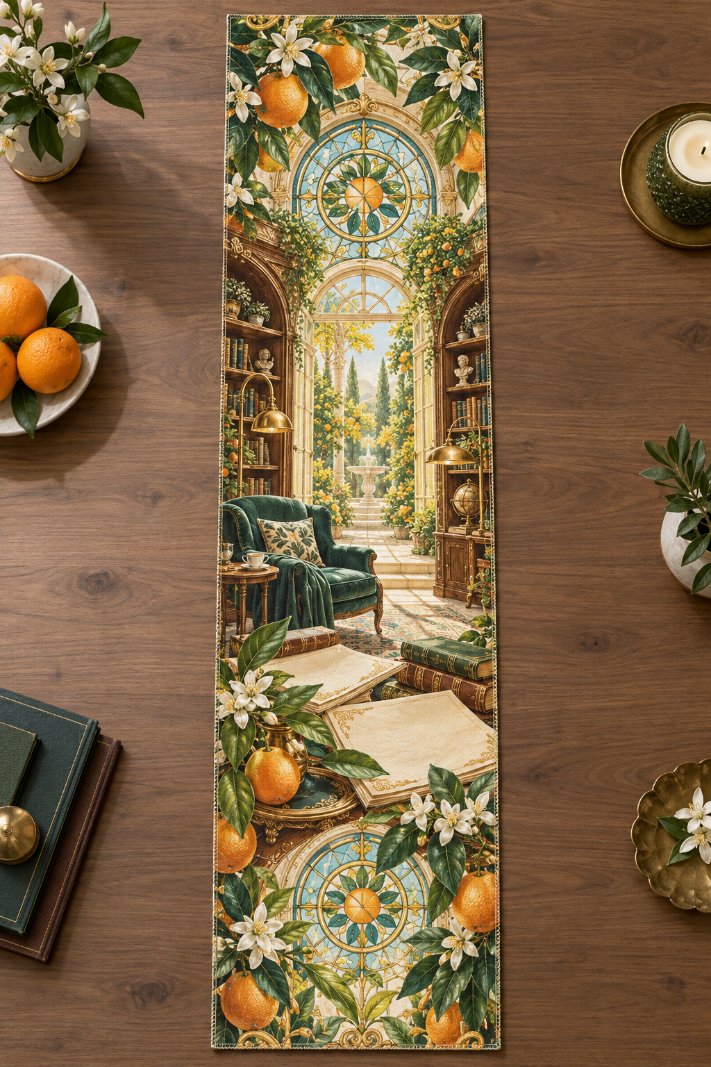 One table runner with an original Citrus Blossom Sunfolio Reading Orangery and maximum-depth printed illusion.