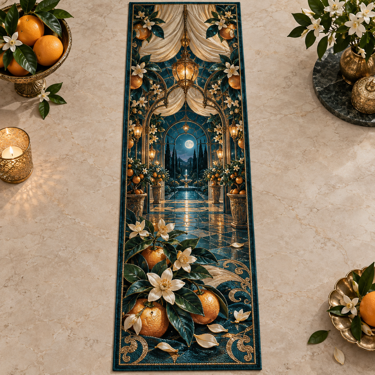 One table runner with an original Citrus Blossom Emberglass Canopy and maximum-depth printed illusion.