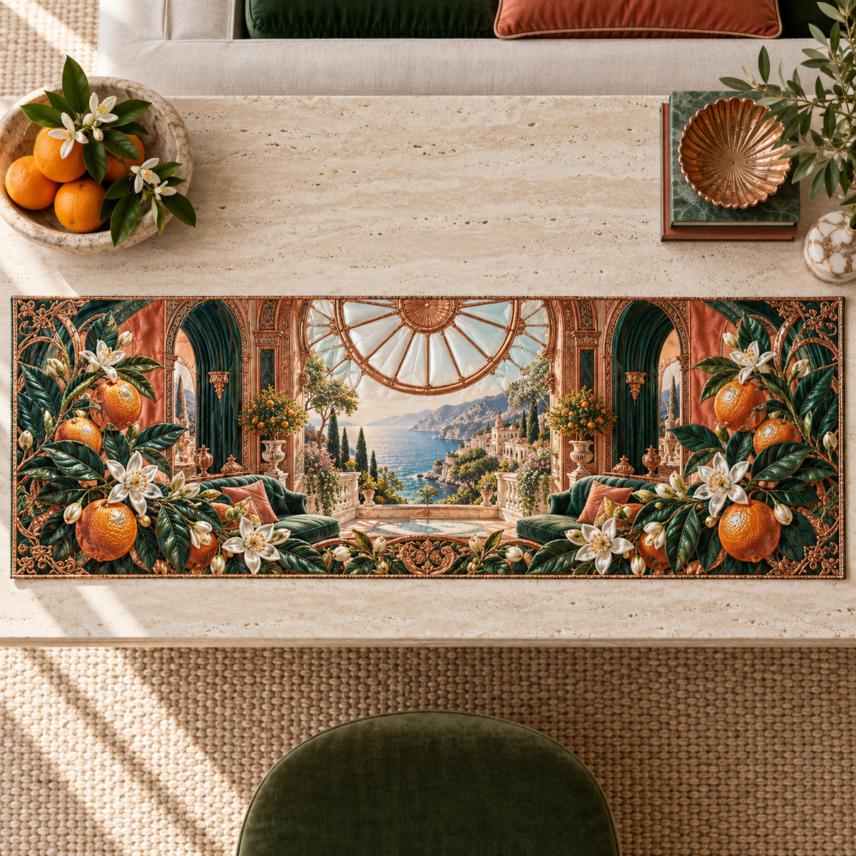 One table runner with an original Citrus Blossom Copperlight Solarium Oculus and maximum-depth printed illusion.