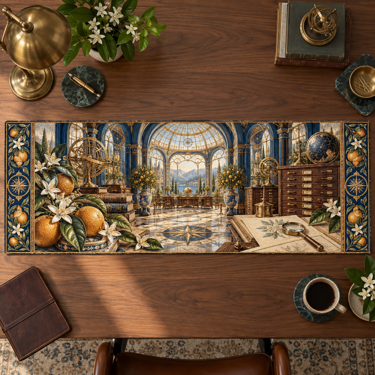 One table runner with an original Citrus Blossom Atlasglass Study Atrium and maximum-depth printed illusion.
