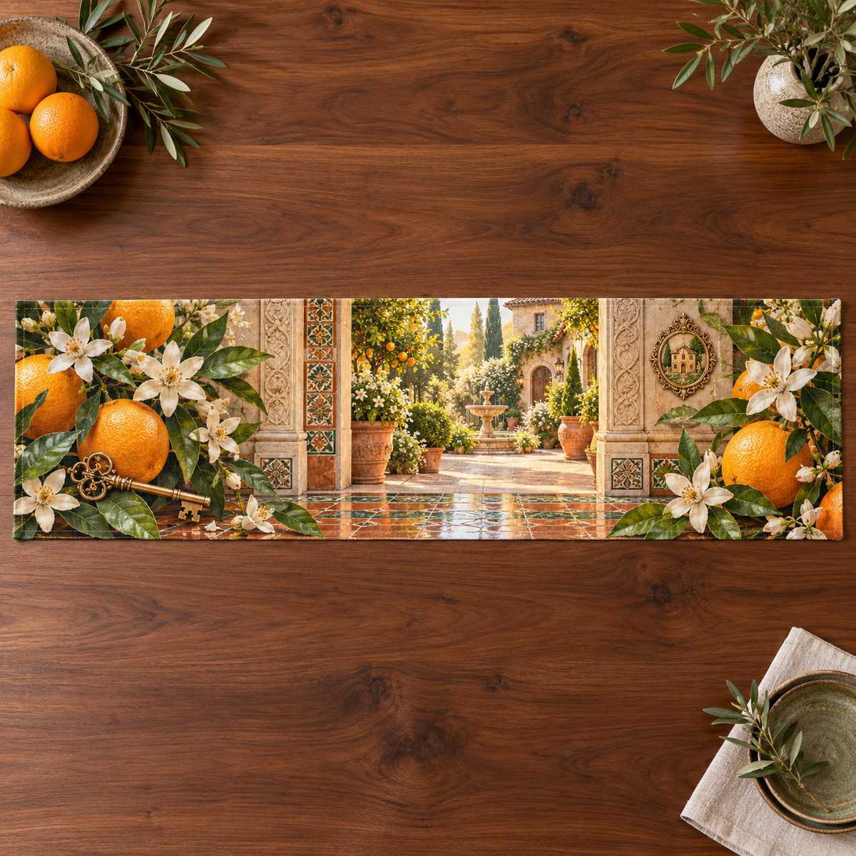One table runner with an original Citrus Blossom Keylight Welcome Courtyard and maximum-depth printed illusion.