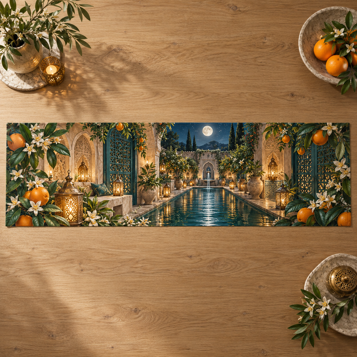 One table runner with an original Citrus Blossom Lanternwell Quiet Alcove and maximum-depth printed illusion.
