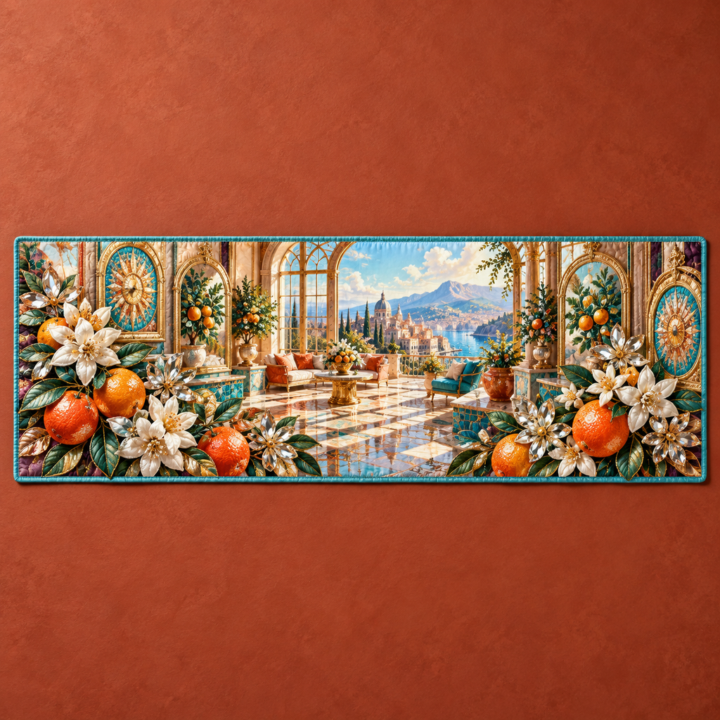One table runner with an original Citrus Blossom Facetframe Loft Salon and maximum-depth printed illusion.