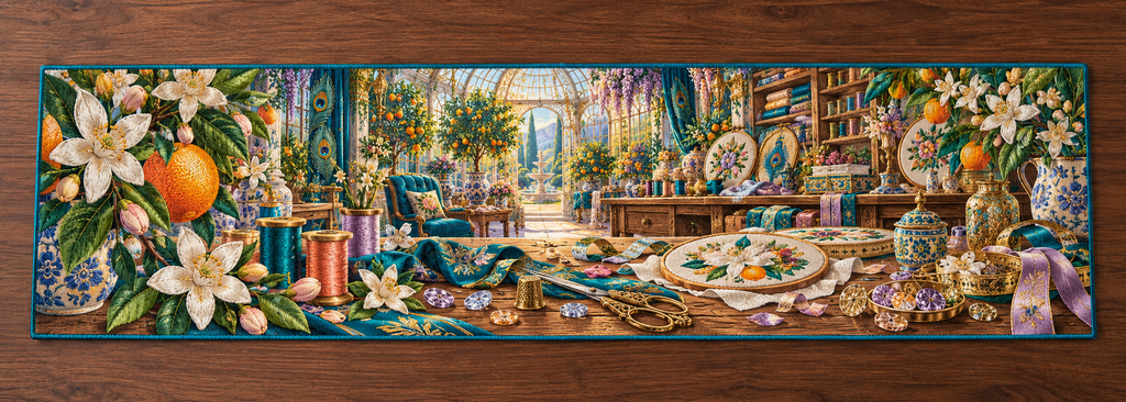 One table runner with an original Citrus Blossom Prismthread Maker Atelier and maximum-depth printed illusion.